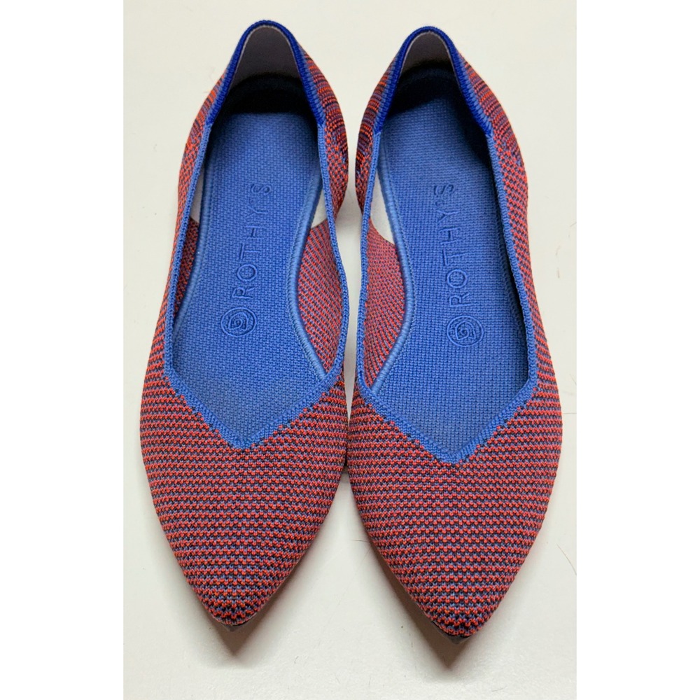 Rothys The Point Flats Womens 8.5 Red Blue Pointed Toe Tangerine Triple Stitch